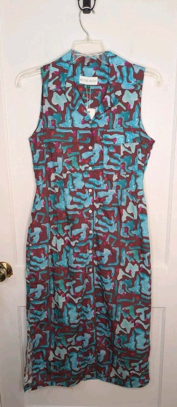 Brooke Wright Designs Mimi Dress S NWT Cacti Maroon Blue Sleeveless Button